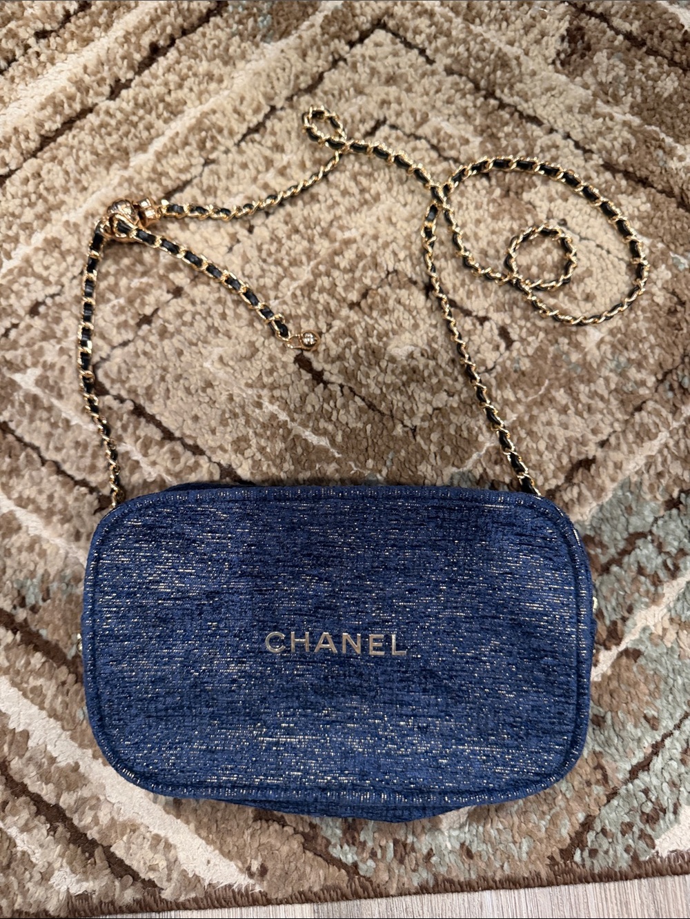 CHANEL Blue Quilted Metallic Thread Crossbody with Gold Chain